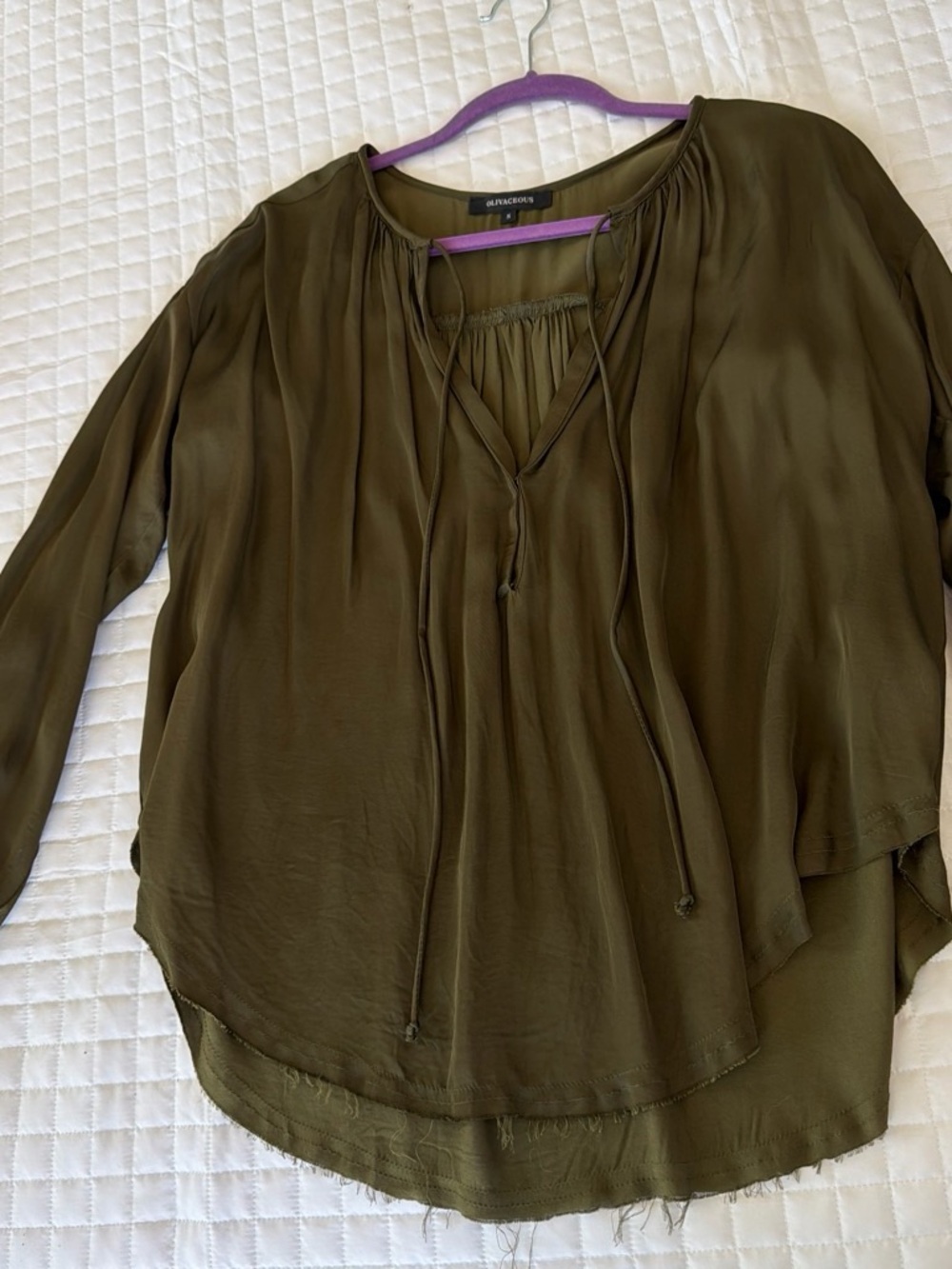 Olivaceous Olive Green Tie-Front Peasant Blouse